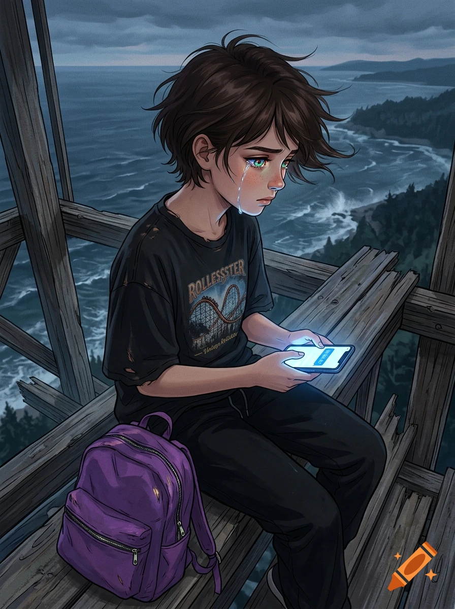 Digital anime-style painting of a crying girl holding a glowing smartphone while sitting on a high wooden platform overlooking the sea.