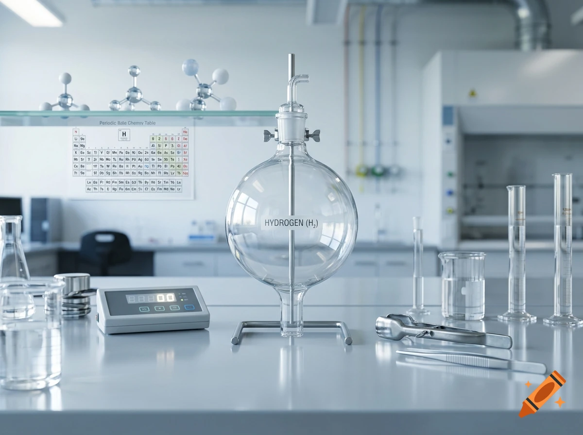 Photorealistic laboratory setting featuring a large glass hydrogen flask with scientific equipment on a metal table.