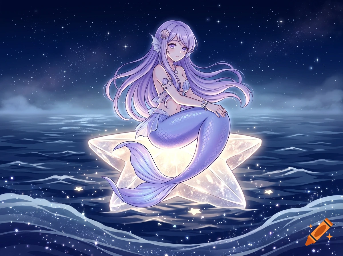 Anime style illustration of a mermaid with lavender hair and a perivinkle tail sitting on a glowing star in a navy blue ocean.