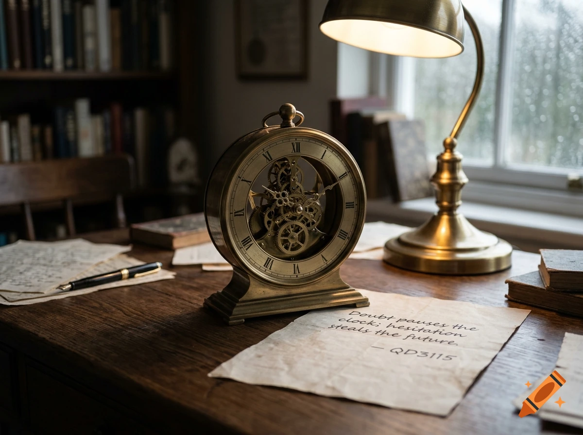 Photorealistic still life of a vintage skeleton clock on a wooden desk next to a glowing brass lamp and old books.