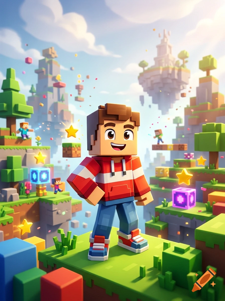 3D cartoon style illustration of a blocky video game character standing on a floating island amidst glowing stars and colorful terrain.