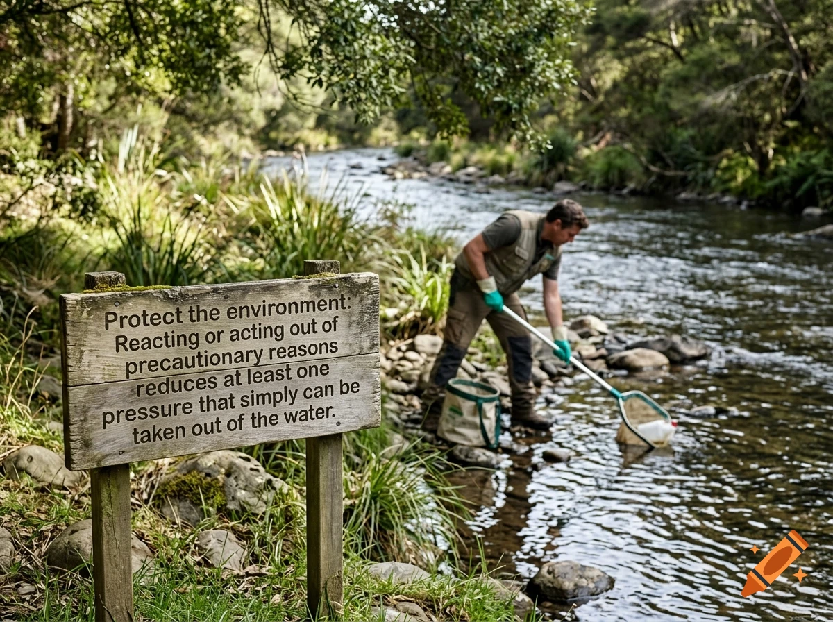 A person cleaning a stream with a net near a wooden sign with text in a forest.