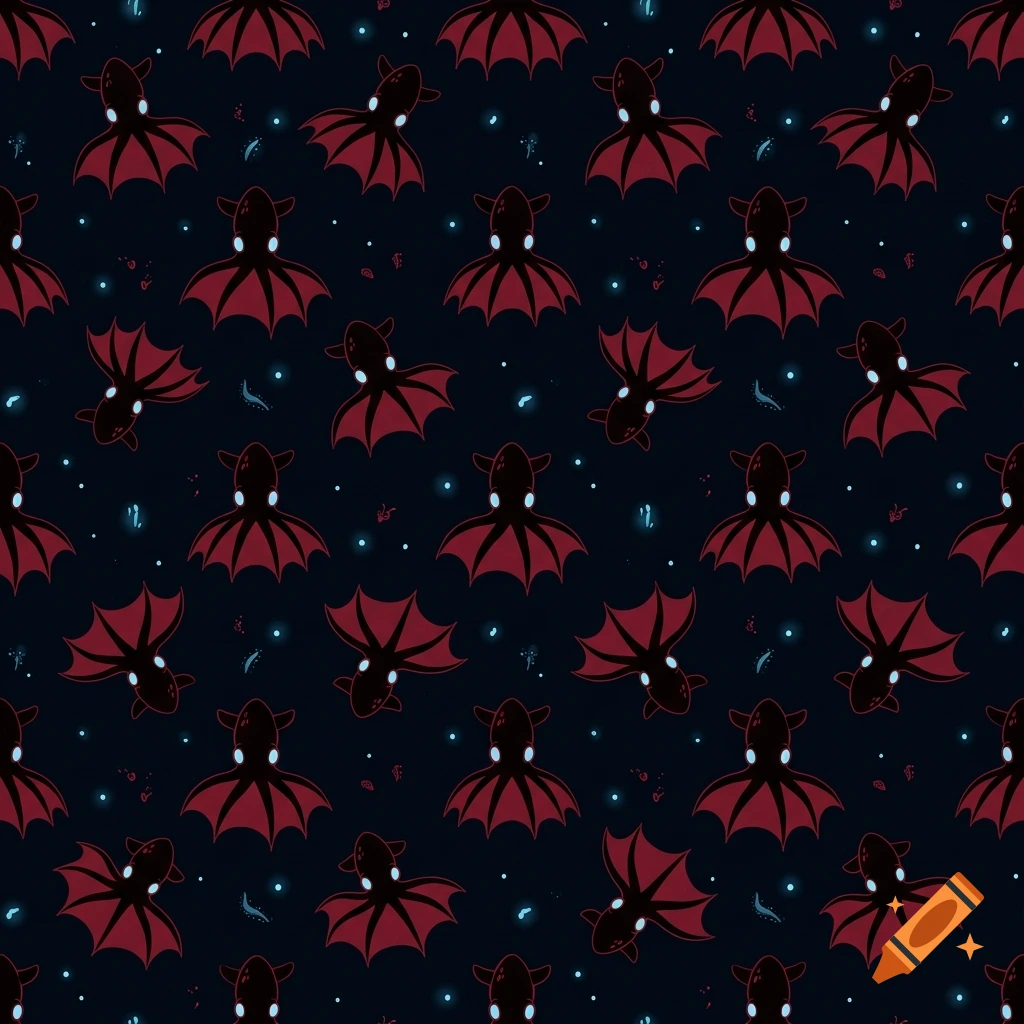 Seamless repeating pattern of stylized vampire squids with dark red bodies and pale blue eyes on a dark navy background.