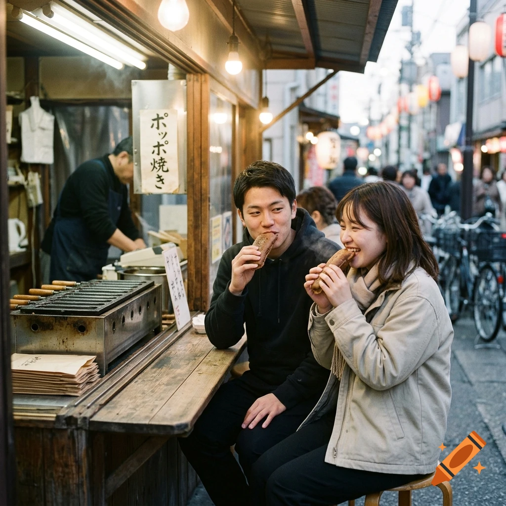 A young couple eating poppo-yaki pastries at a street food stall in Japan, photorealistic.
