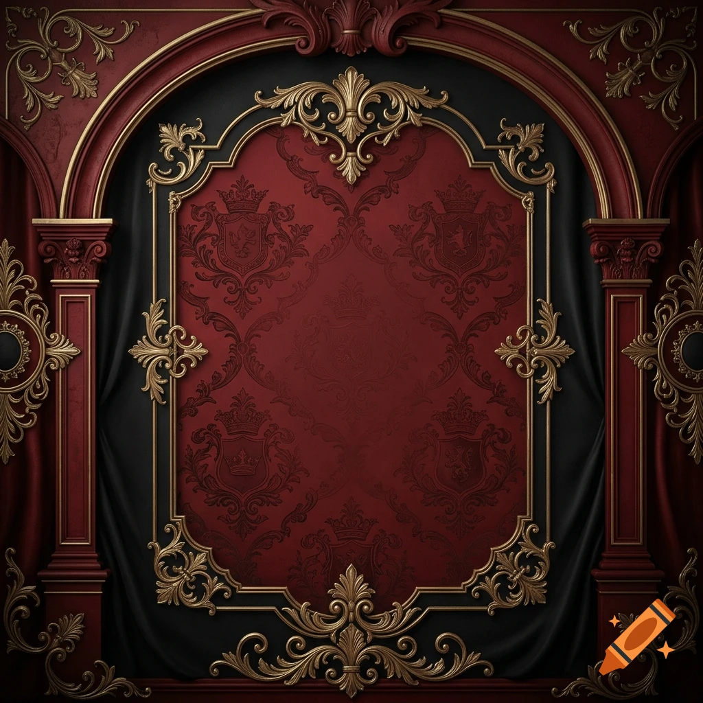 Spanish royalty themed wallpaper backing with red and black damask pattern, framed in rendered gold metallic ornate molding and columns.