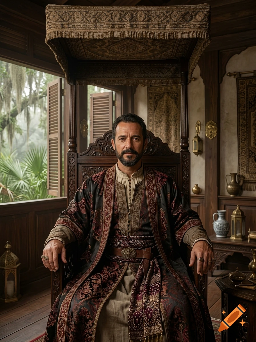 Photorealistic portrait of a bearded man in 16th-century attire seated on an ornate wooden throne in a luxurious room.