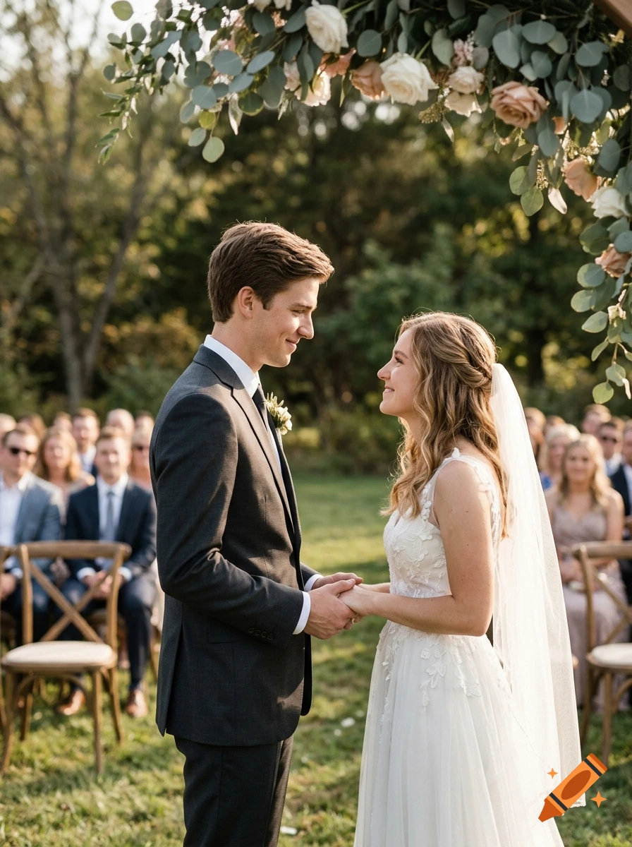 A bride and groom holding hands during their outdoor wedding ceremony, with guests seated in the background.