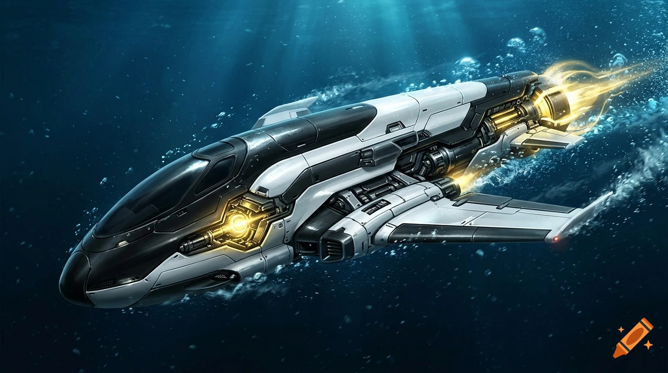 A futuristic submersible vehicle with white and dark panels navigates underwater, creating glowing light effects and bubbles.