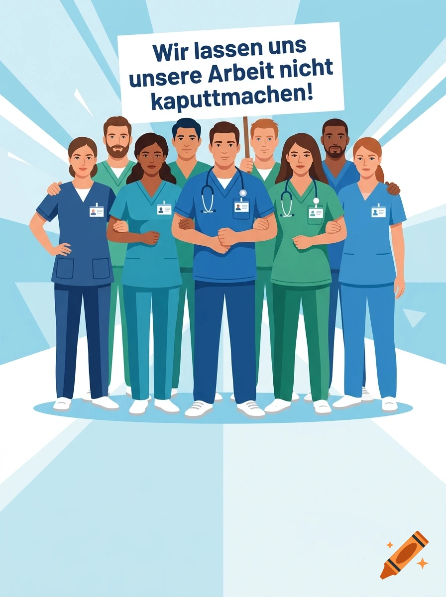 Vector style illustration of a diverse group of healthcare workers holding up a sign with German text.