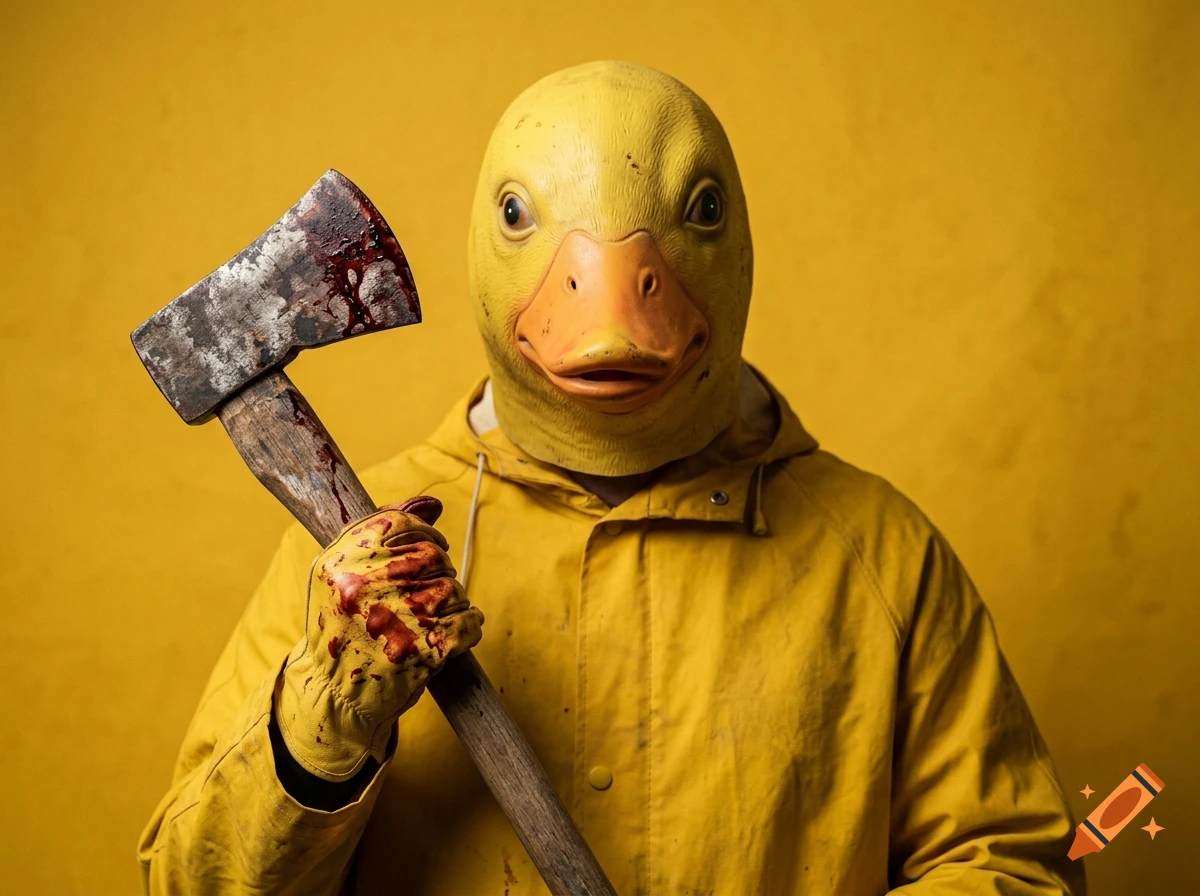 A person wearing a yellow duck mask and a yellow raincoat, holding a bloody axe against a yellow background.