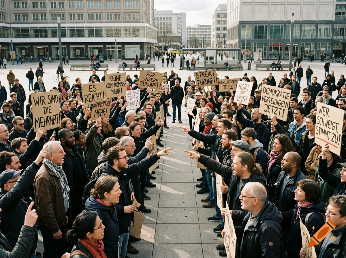Photorealistic scene of two large groups of people angrily confronting each other on a public square, holding protest signs in German.