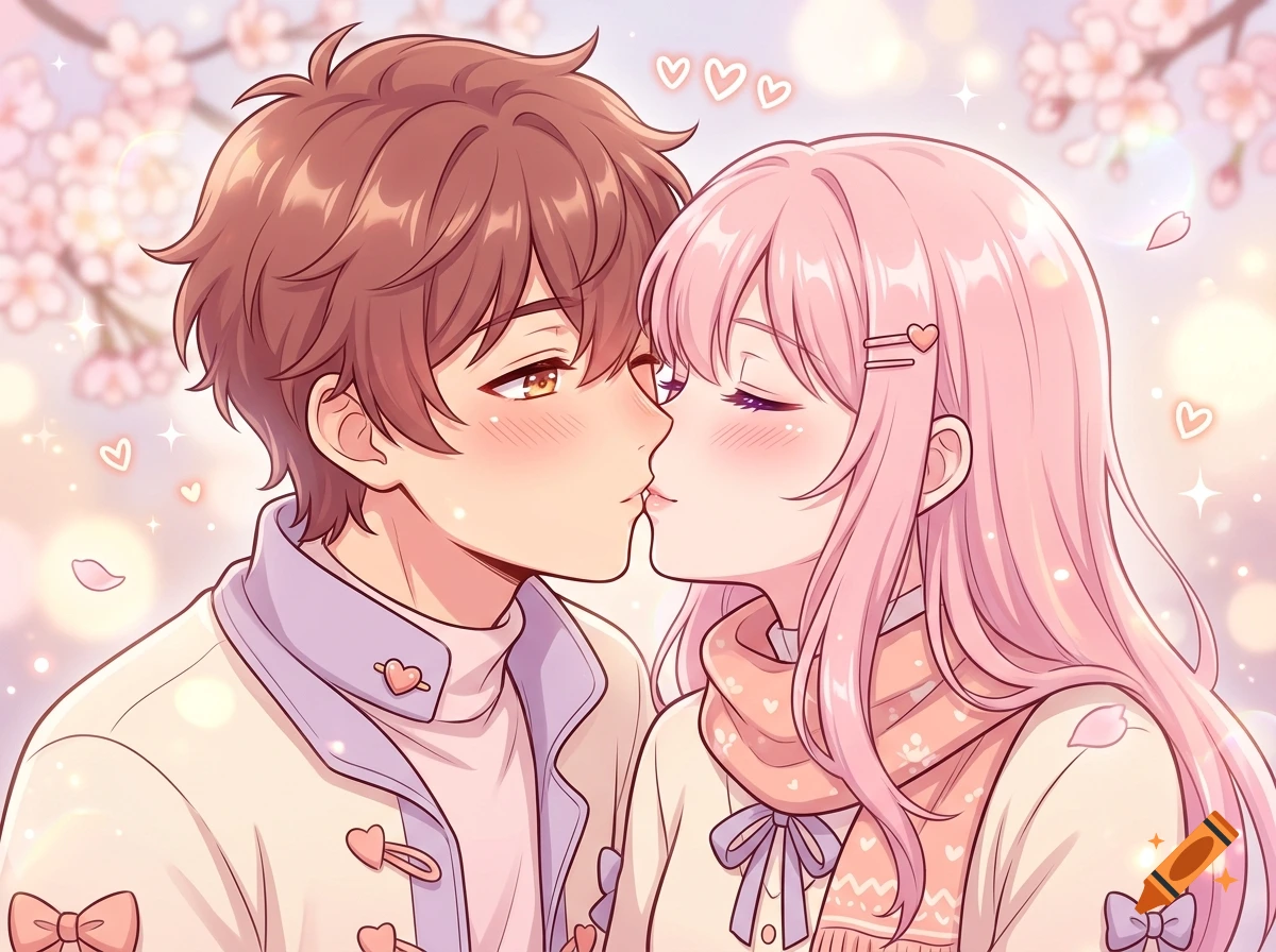 An anime-style illustration of a young couple with brown and pink hair kissing gently amidst cherry blossoms and glowing lights.