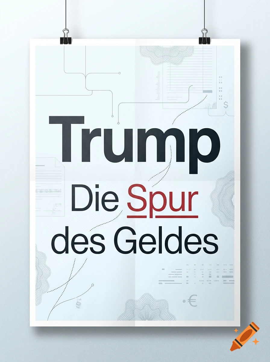 A modern poster design with a light blue background, technical line art, and German text reading Trump - Die Spur des Geldes.