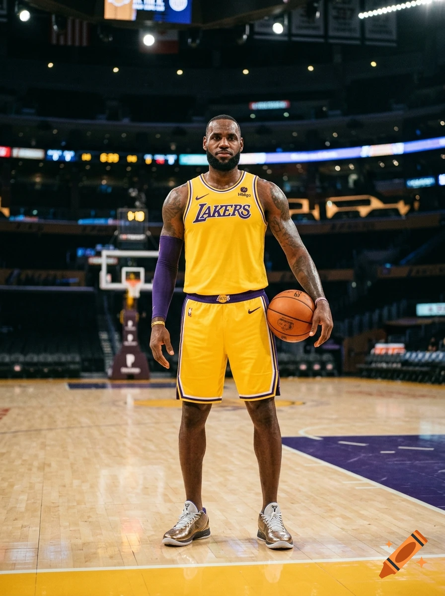 Photorealistic full-body portrait of LeBron James standing on a basketball court in a Lakers jersey holding a basketball.