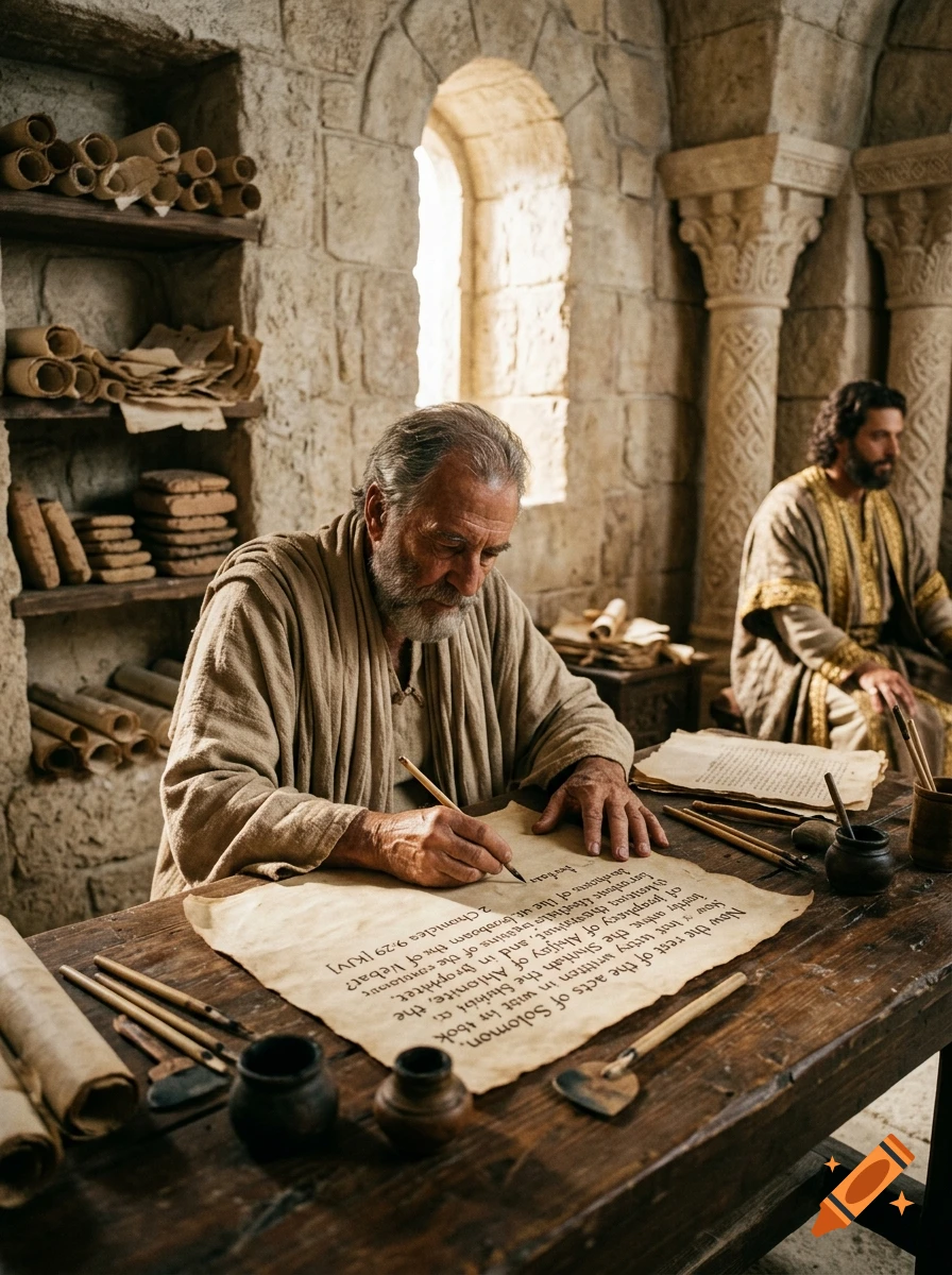 An elderly scribe writing on a parchment scroll in a stone chamber, with another man seated in the background. Photorealistic style.