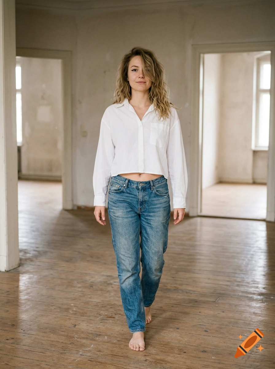 Photorealistic image of a young woman with wavy dirty-blonde hair walking forward barefoot in an empty room.
