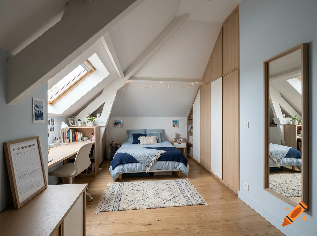 Photorealistic attic bedroom with a sloped ceiling, blue bedding, a wooden desk with a chair, and a large mirror on the wall.