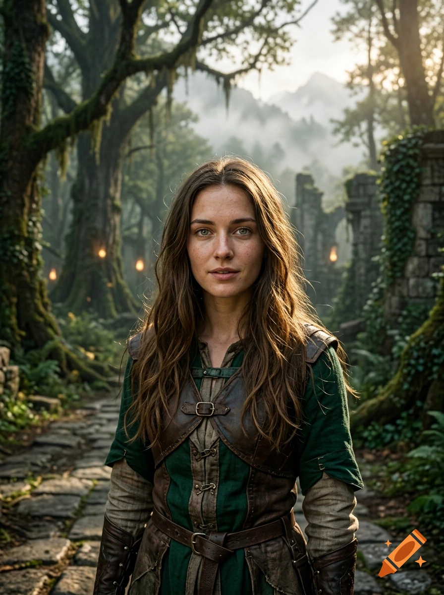 A photorealistic portrait of a young woman with long brown hair and green eyes, wearing medieval leather armor in a misty forest setting with stone ruins.