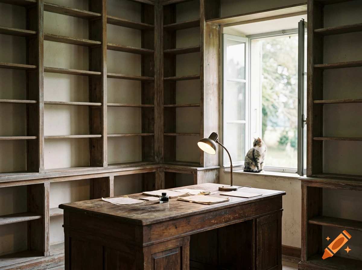 An empty wooden study room featuring built-in bookshelves, a wooden desk with papers and an illuminated lamp, and a cat sitting on the windowsill.