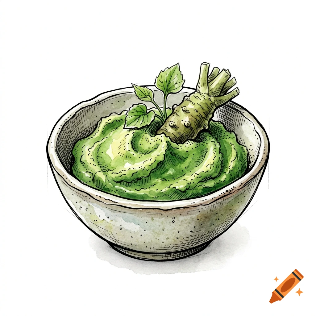 Hand-drawn sketch illustration of wasabi paste in a bowl with fresh wasabi root and leaves, in watercolor style.