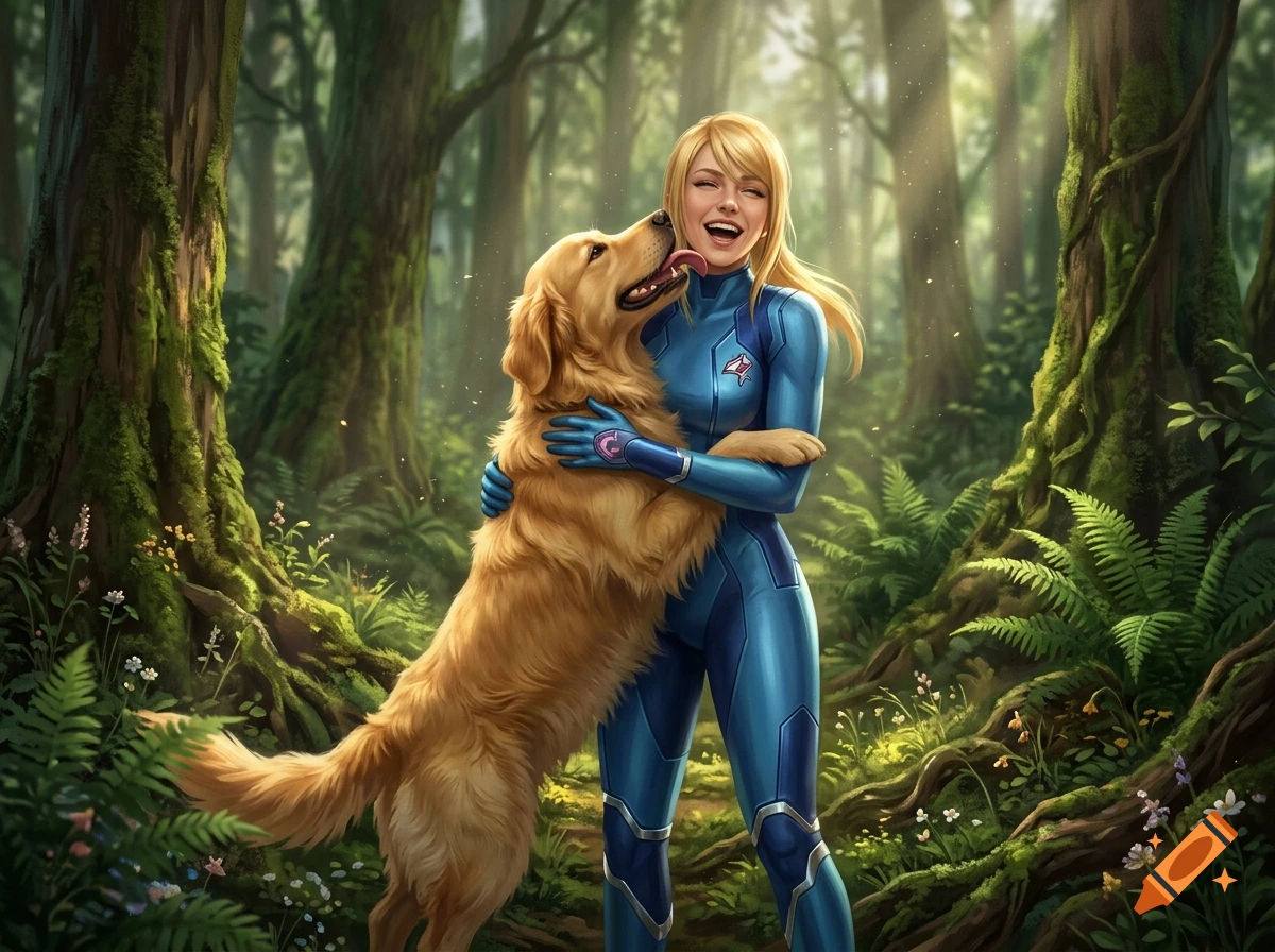A blonde woman in a blue suit hugging and smiling at a golden retriever in a lush green forest.