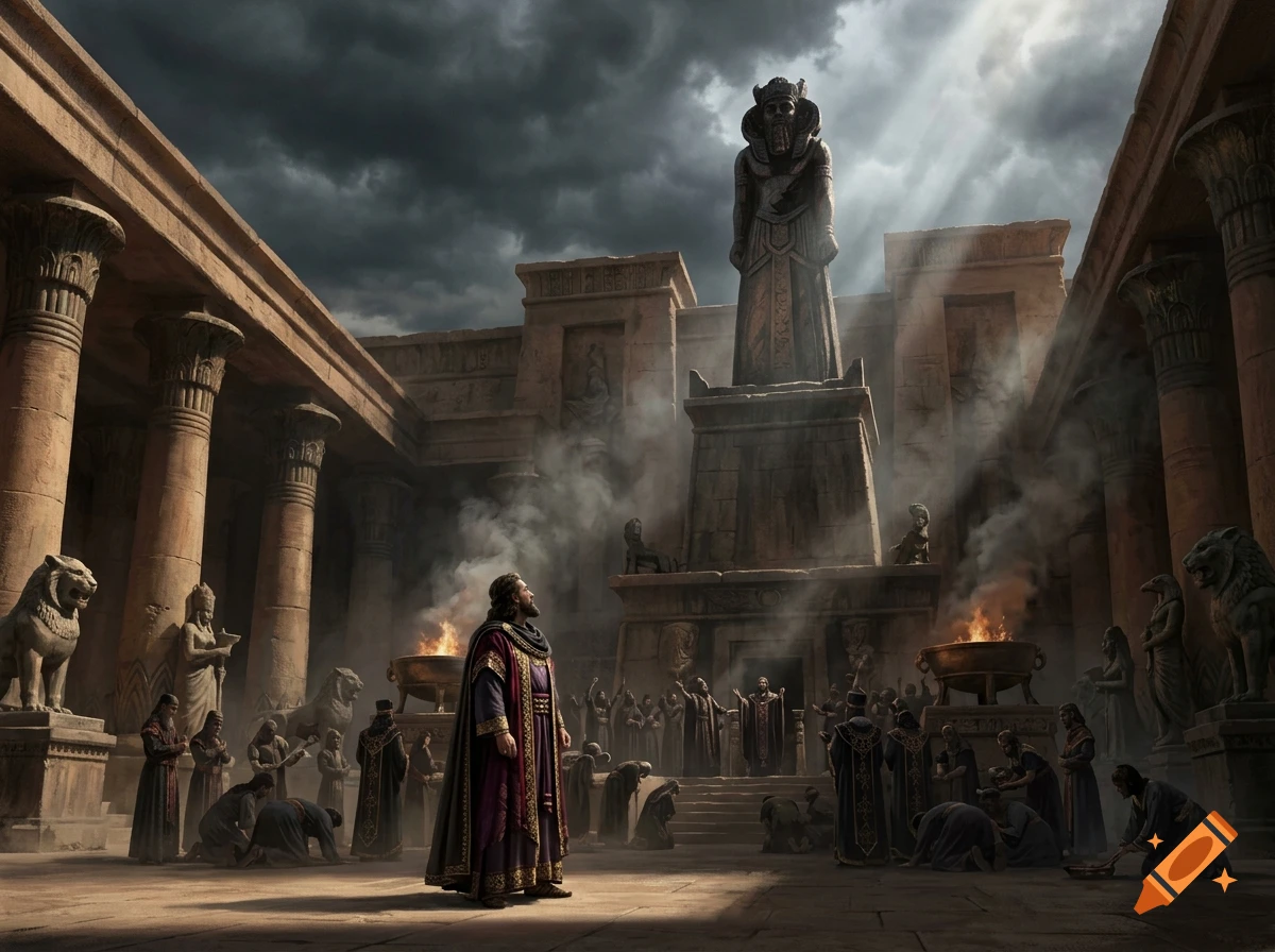 Cinematic historical scene of people bowing before a large statue in an ancient temple courtyard with dramatic lighting.