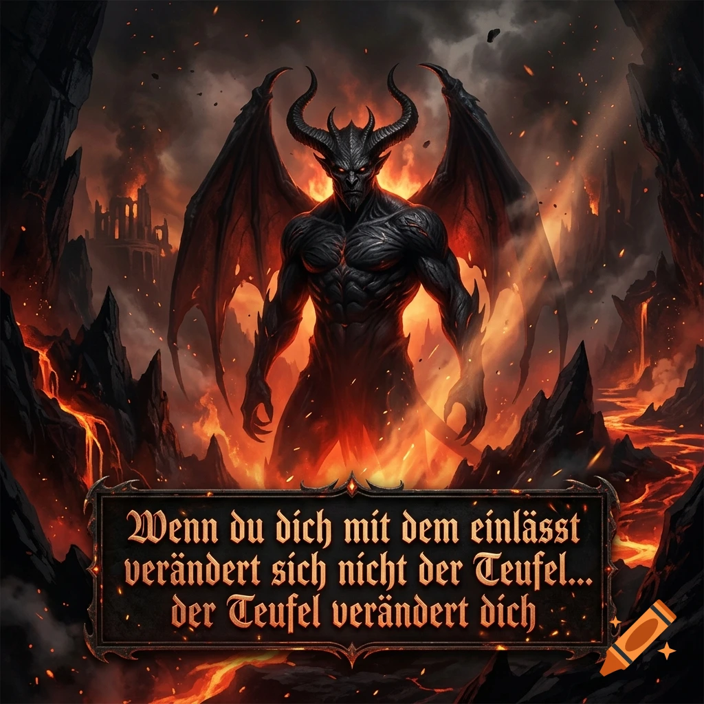 A muscular, horned demon stands in a fiery hellscape with lava rivers and rocky mountains, featuring a German text quote on a dark plaque.