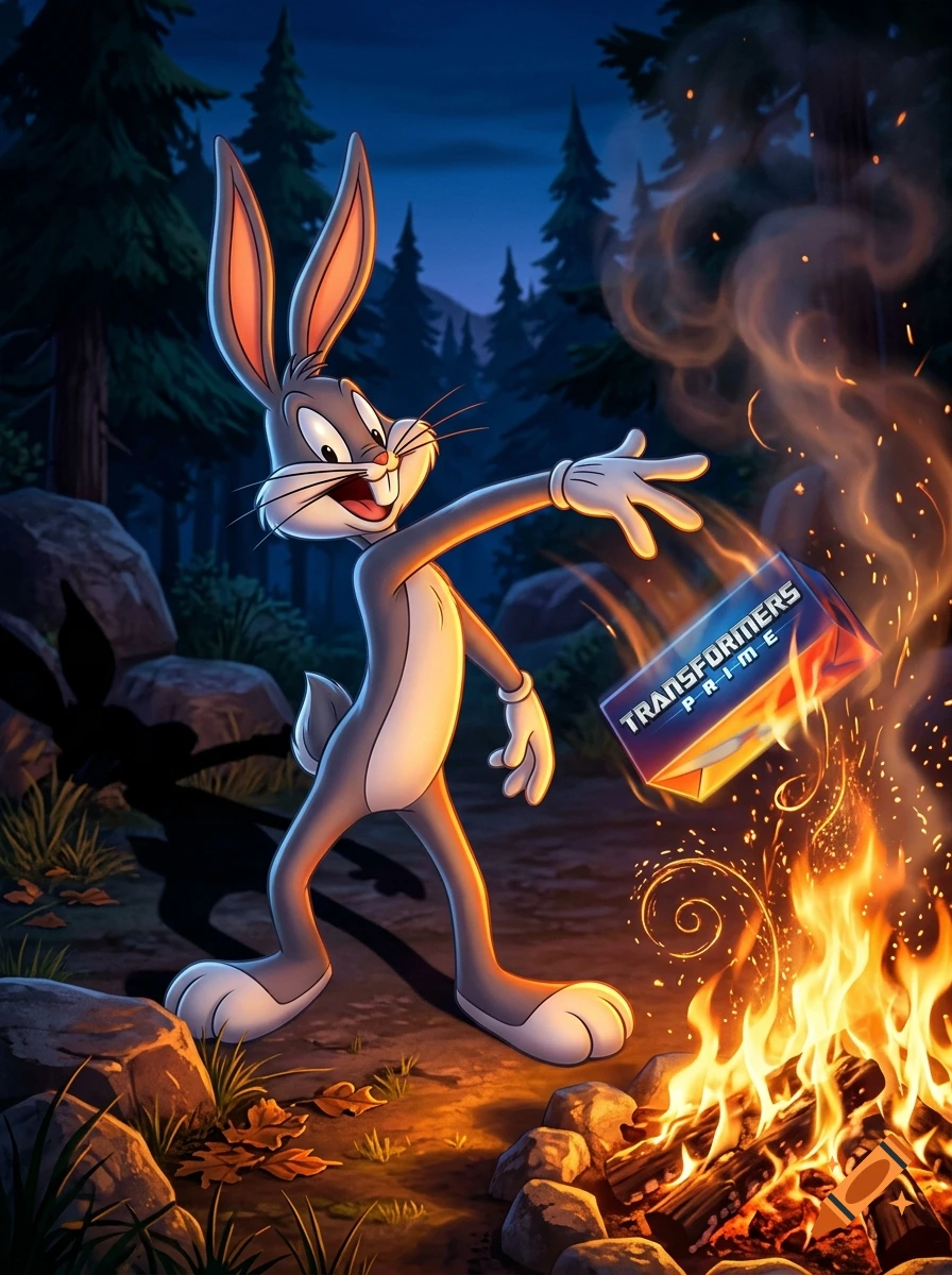 Bugs Bunny stands next to a campfire in a forest at night, tossing a Transformers Prime box into the flames.