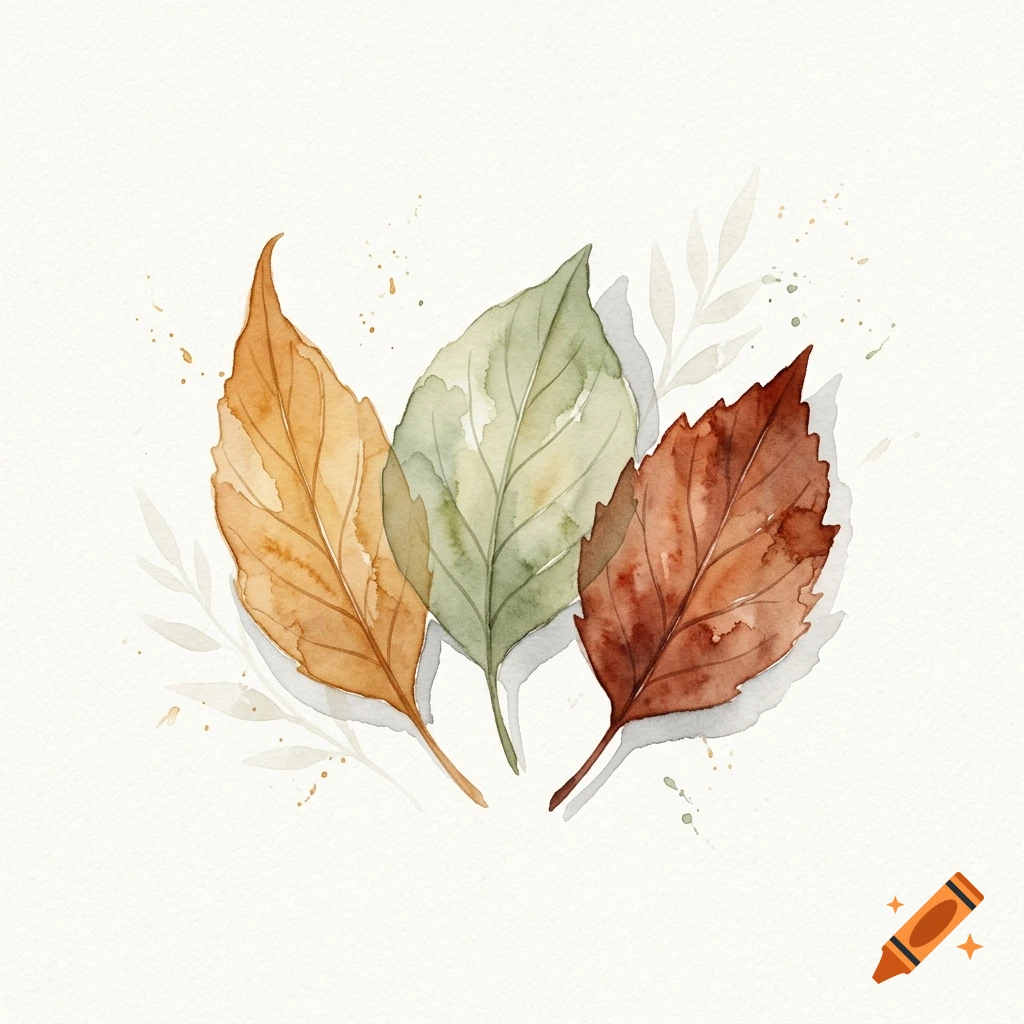 Watercolor painting of three autumn leaves in yellow, green, and brown on textured white paper.