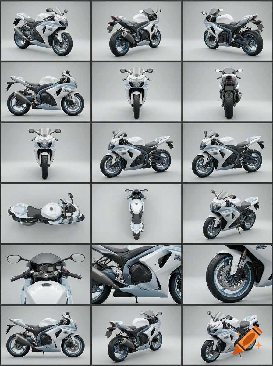 A multi-panel photorealistic grid showing a white and light blue sport motorcycle from various angles and perspectives on a grey background.