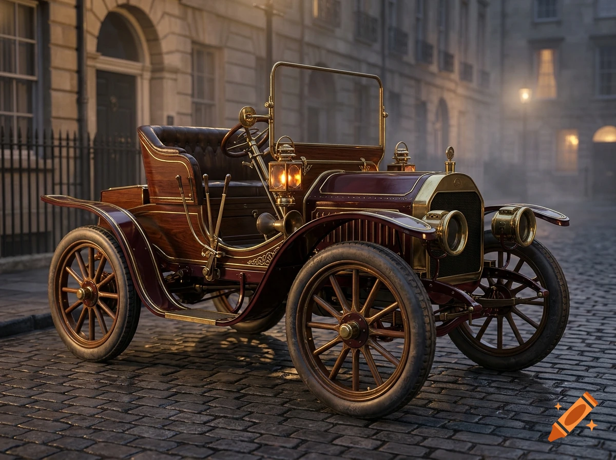 Victorian-style wooden and brass automobile parked on a cobblestone street with buildings in the background, photorealistic 3D.