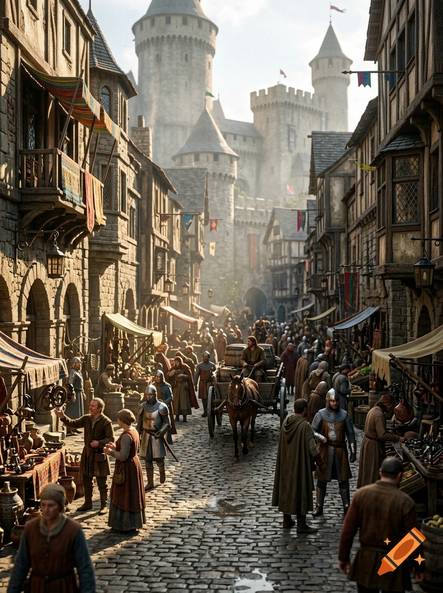 Busy medieval fantasy kingdom street with cobblestone, market stalls, and a large stone castle in the background.