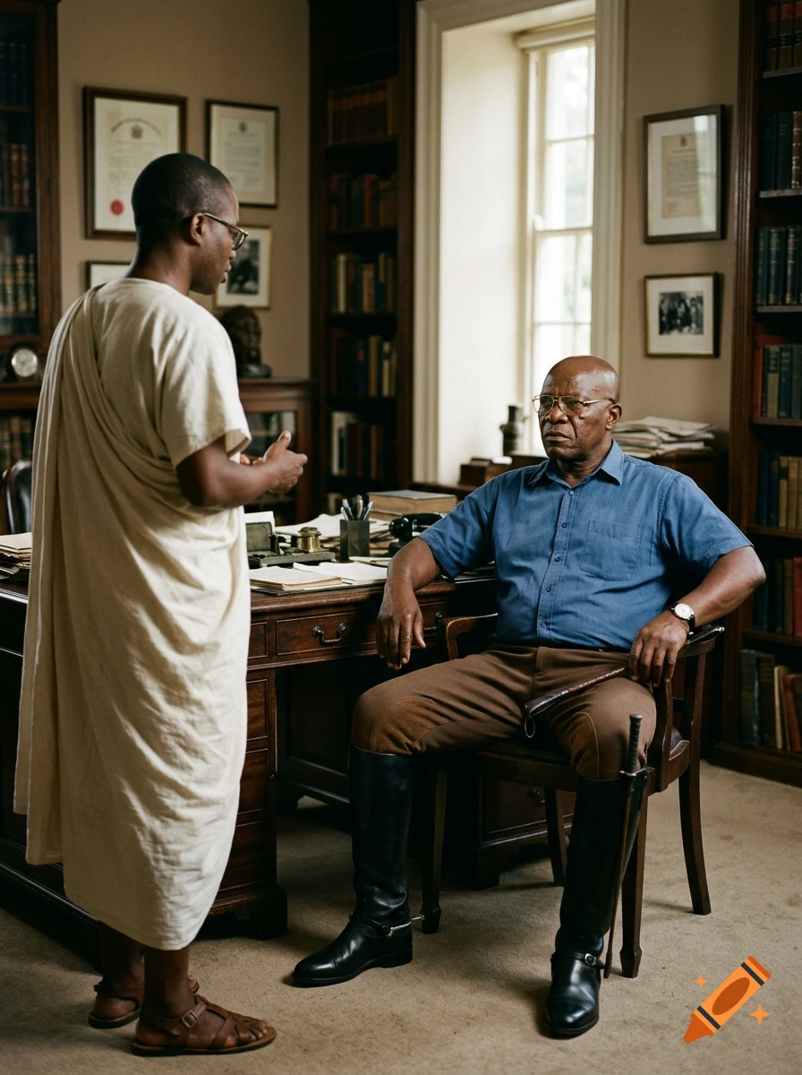 An older Black man in a blue shirt and riding boots sits at a desk, looking at a younger man in a toga standing in an office.