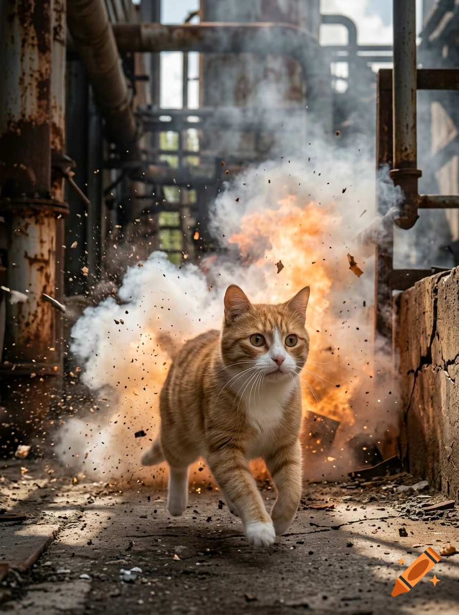 Photorealistic orange and white cat running away from an explosion in an industrial setting.