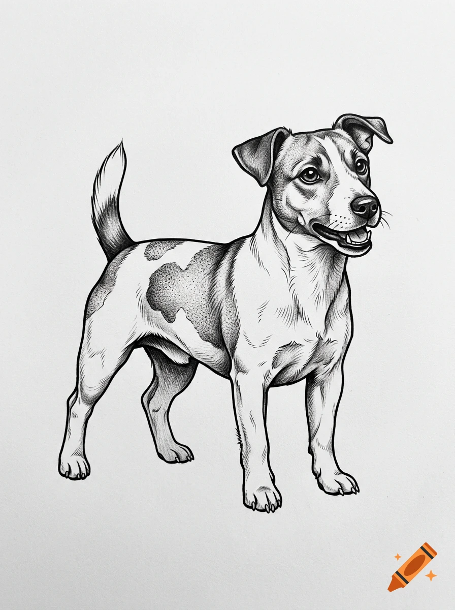 A detailed black and white illustration of a standing terrier dog with spotted markings on its back, viewed against a plain background.