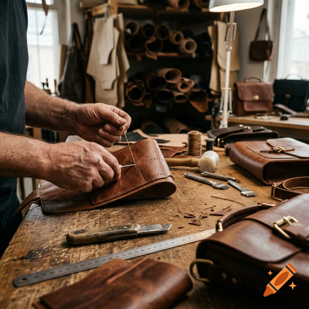 Close-up of a craftsman working on leather goods at a workbench in a cluttered workshop, photorealistic.