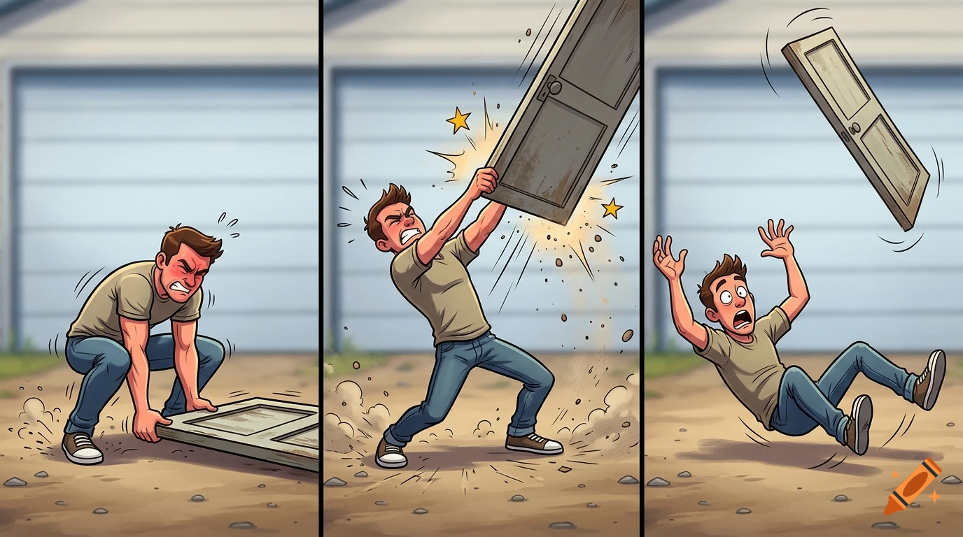 A three-panel comic illustration of a man straining to lift a heavy door, which turns out to be extremely light, causing him to fall backward in surprise.
