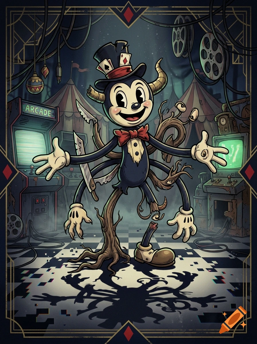 Surreal 1930s rubberhose cartoon character with multiple mutating limbs and knives standing in a digital arcade nightmare.