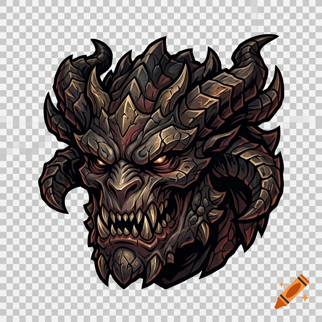 Fierce demon monster head with glowing orange eyes and massive horns, digital illustration style on transparent background.