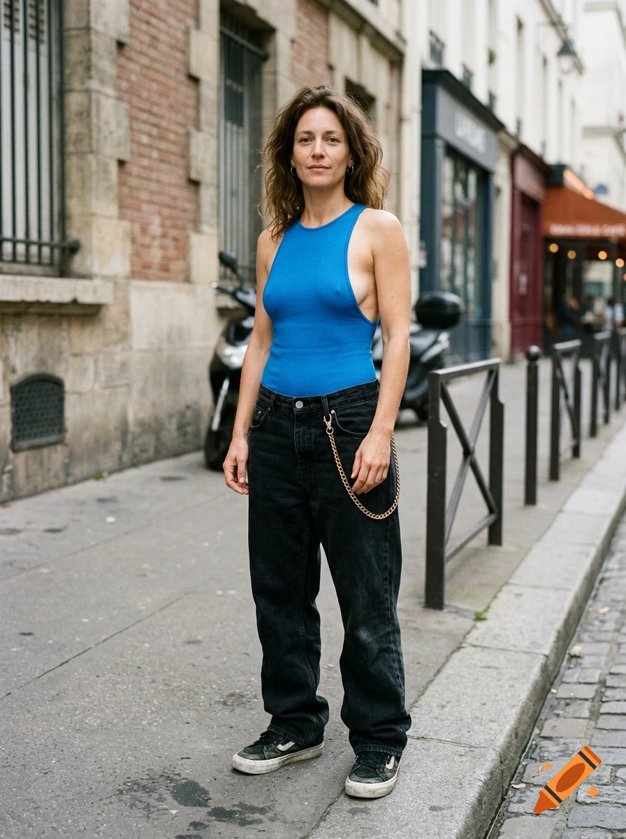Streetwear fashion photo of a woman standing on a city sidewalk wearing an electric blue tank top and baggy black jeans with a gold chain.