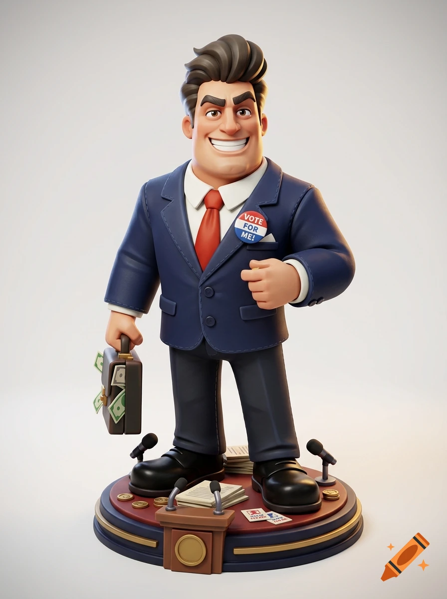 3D cartoon figure of a politician in a blue suit with a vote for me badge, holding a money briefcase on a podium.