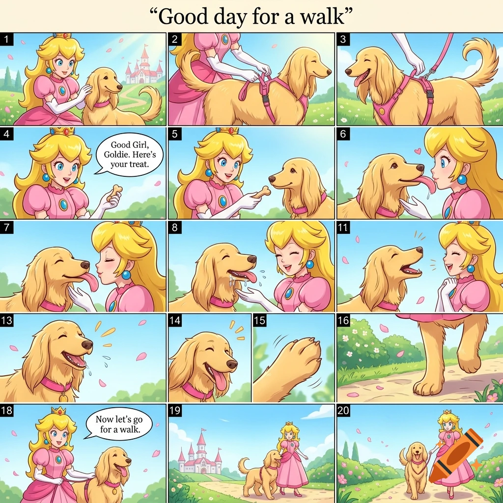 Comic strip showing Princess Peach preparing a golden retriever for a walk, giving a treat, and walking together outdoors in an anime style.