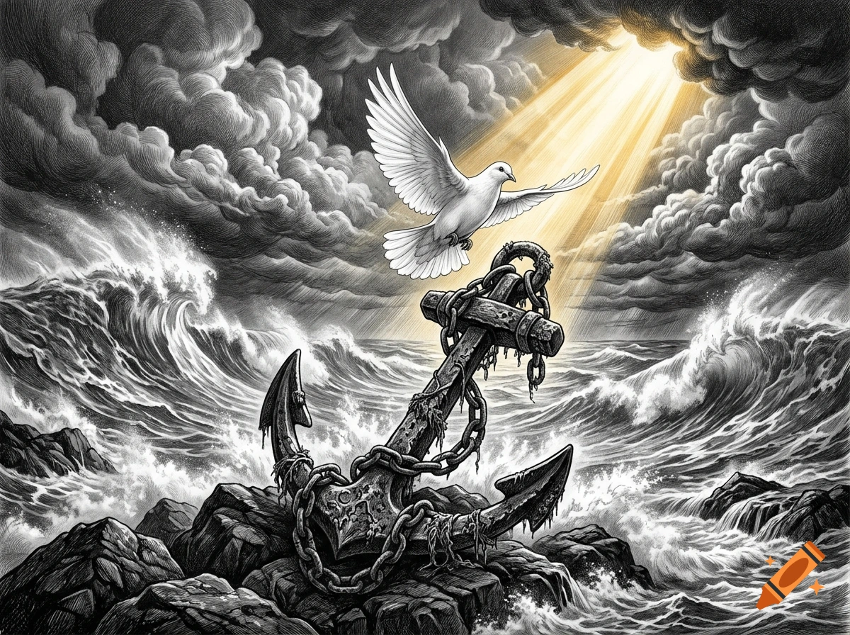 A white dove flies above an anchor on rocky shores amidst stormy seas, with dramatic clouds and a beam of light breaking through.