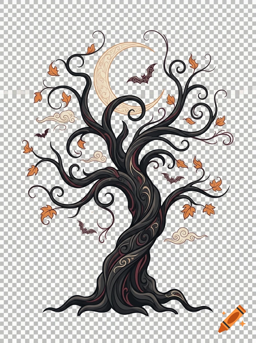 Vintage style vector illustration of a twisted spooky tree with autumn leaves, bats, and a crescent moon on a transparent background.