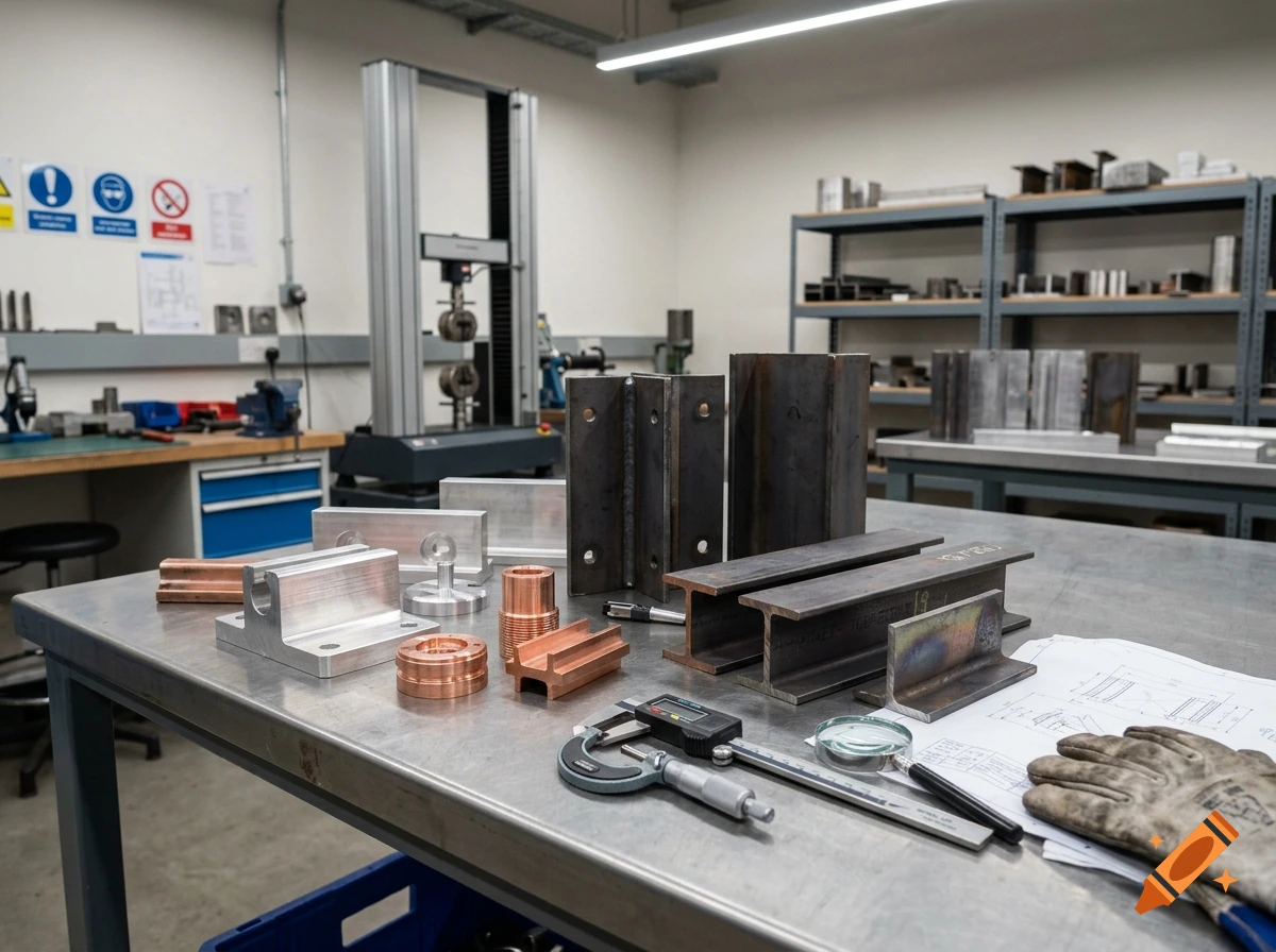 Photorealistic laboratory workshop with metal samples, tools, and blueprints on a stainless steel workbench.