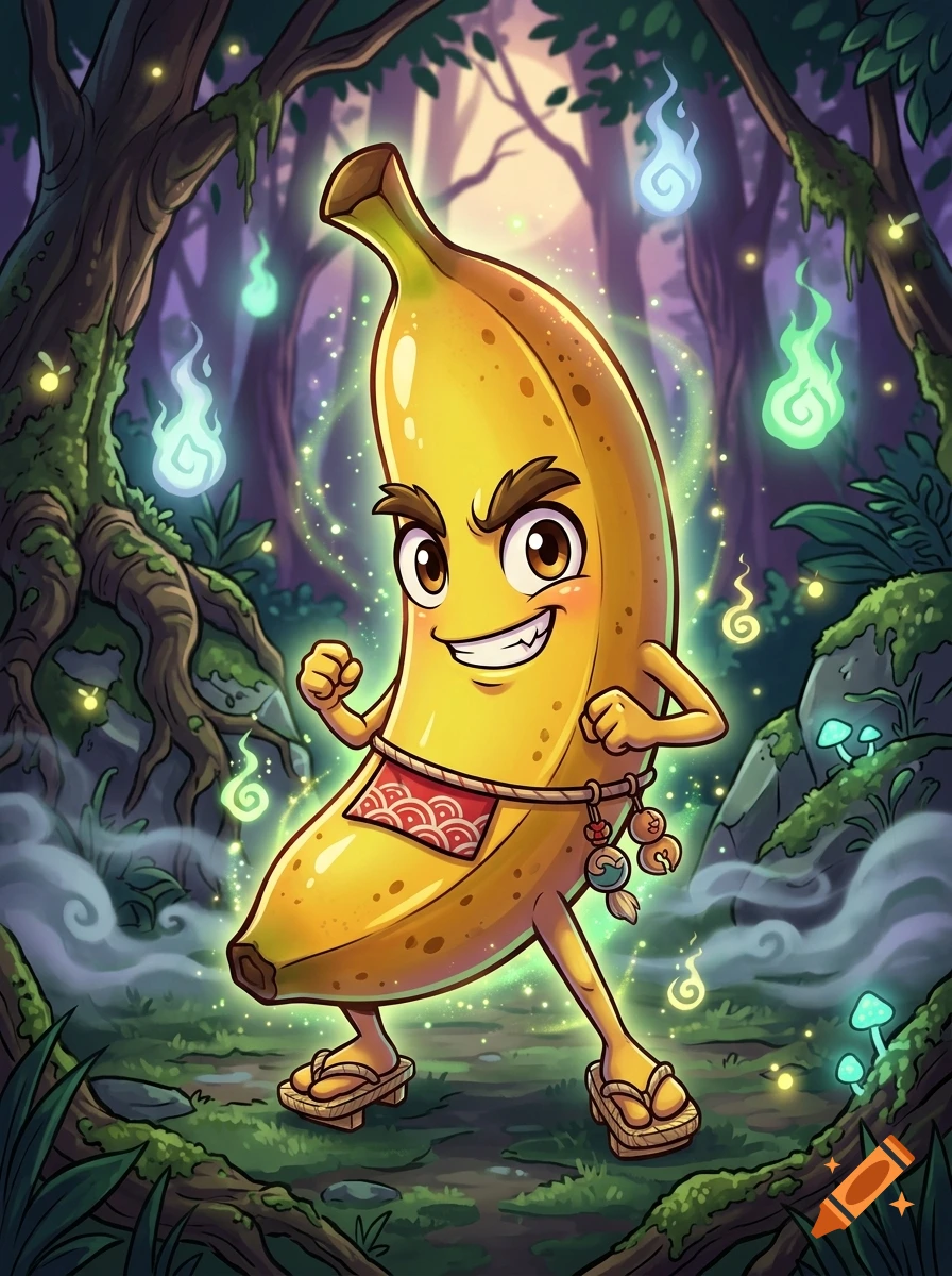 An anthropomorphic banana warrior in geta sandals posing in a mystical forest with floating spirit flames.