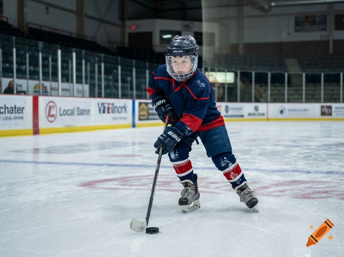 A 9-year-old boy in hockey gear with a helmet holding a stick on an ice rink.