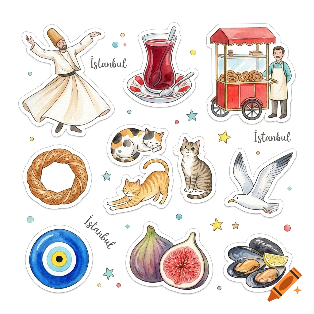Watercolor sticker sheet of Istanbul symbols including a whirling dervish, tea glass, simit cart, cats, and food elements.