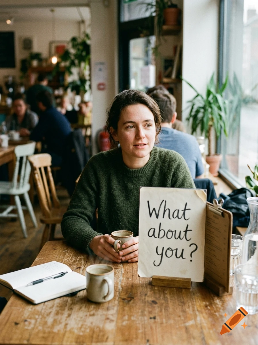 A woman in a green sweater sits at a wooden table in a cafe, looking to the side next to a sign that reads 'What about you?'.