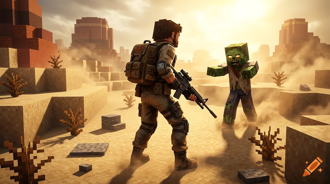 Blocky Minecraft-style survivor with a rifle confronts a zombie in a desert landscape during sunset.